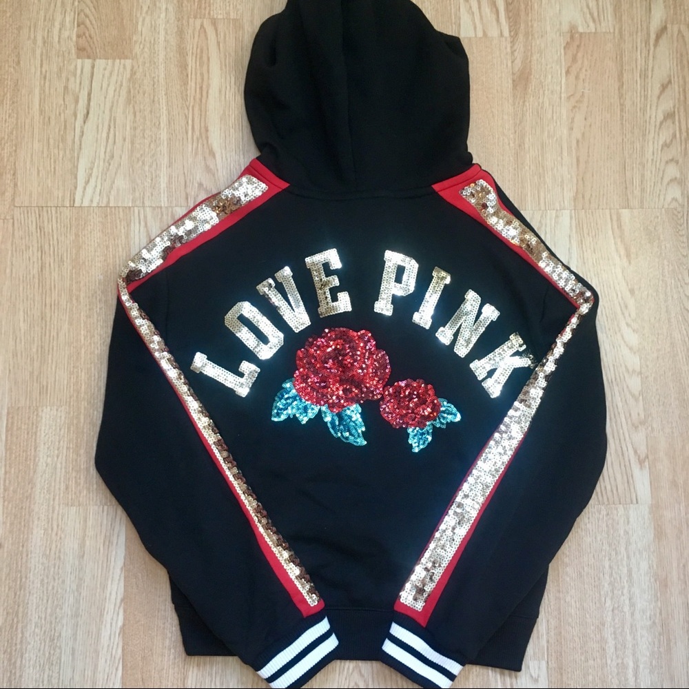 Vs Pink Xs Bling Hoodie With Roses NWT